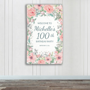Pink Springtime Floral Greenery Vertical Birthday Banner