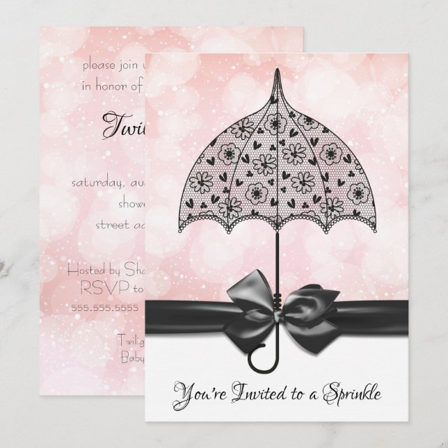 Pink Sprinkle Baby Shower  Black Lace Umbrella Invitation (Front/Back)