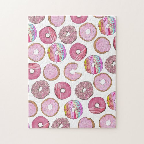 Pink  Sprinkle Confetti Watercolor Donuts Jigsaw Puzzle