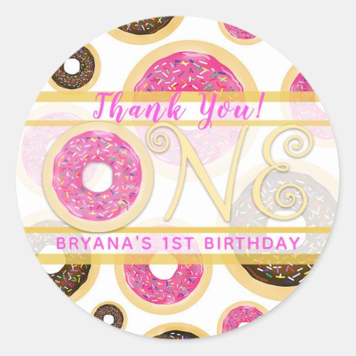 Pink Sprinkle Donut Donuts ONE 1st Birthday Party Classic Round Sticker