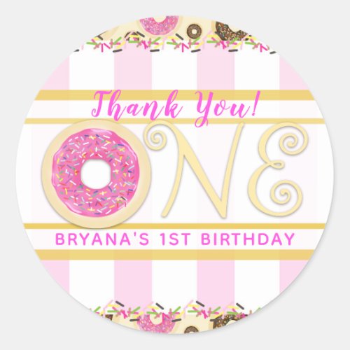 Pink Sprinkle Donut Donuts ONE 1st Birthday Party Classic Round Sticker