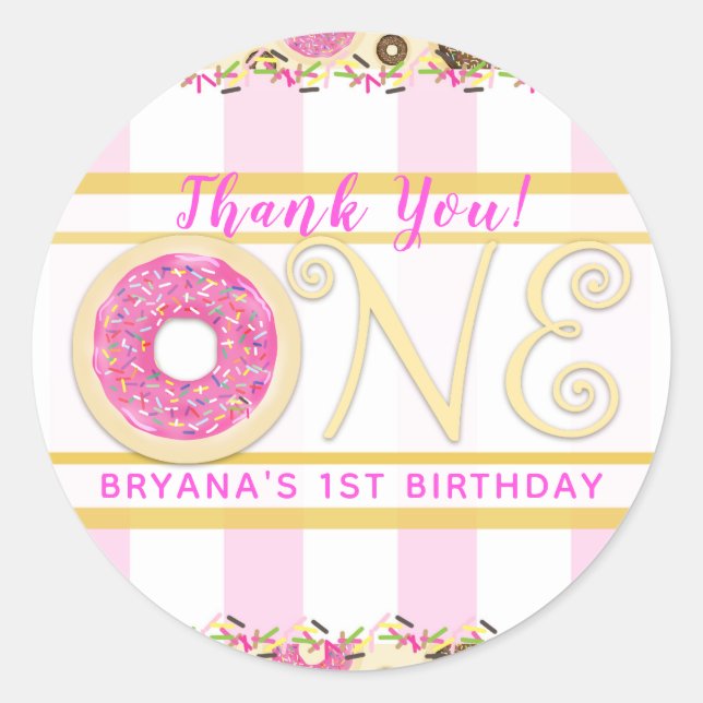 Pink Sprinkle Donut Donuts ONE 1st Birthday Party Classic Round Sticker (Front)