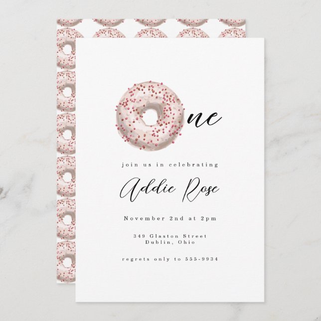 Pink Sprinkle Donut One Girl First Birthday Invitation (Front/Back)