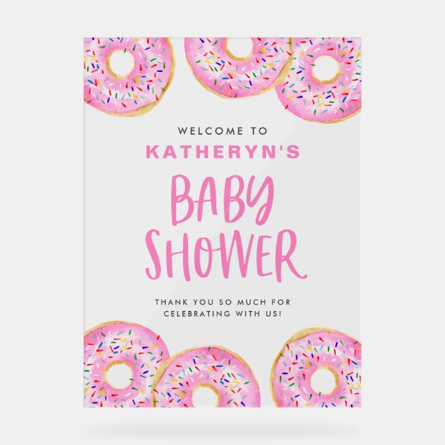 Pink Sprinkle Donuts Baby Shower Welcome Acrylic Sign (Front)