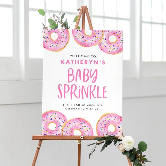 Pink Sprinkle Donuts Baby Sprinkle Welcome Poster (Watercolor Pink Sprinkle Donut Baby Sprinkle Welcome Sign – Customizable Baby Shower Decor)