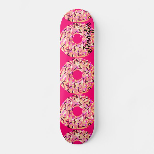 Pink Sprinkle Donuts Girls Hot Pink Custom Skateboard (Front)