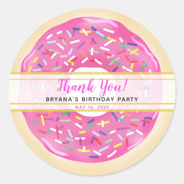 Pink Sprinkle Donuts Modern Birthday Party Classic Round Sticker (Front)