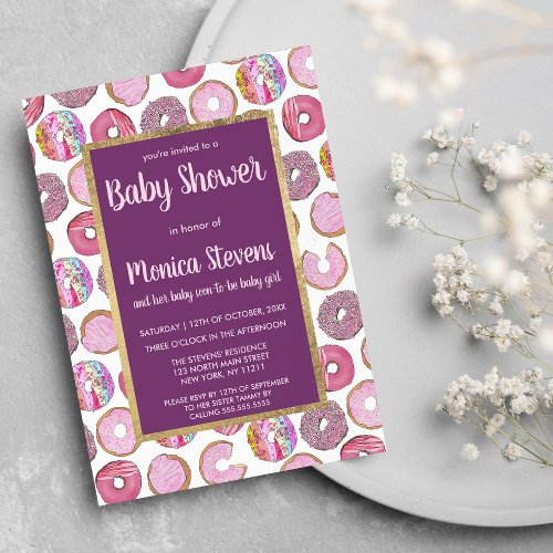 Pink Sprinkle Watercolor Donuts Baby Girl Shower Invitation