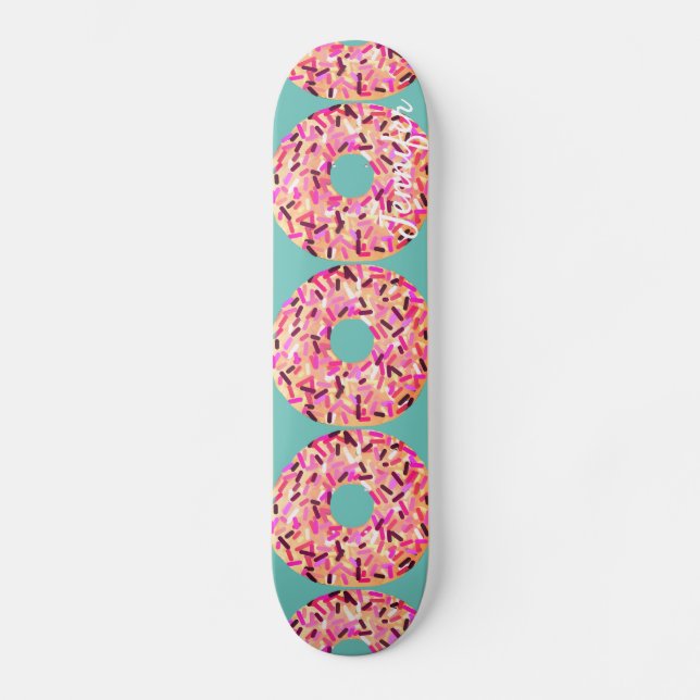 Pink Sprinkled Donuts Girly Teal Customized Skateboard (Front)