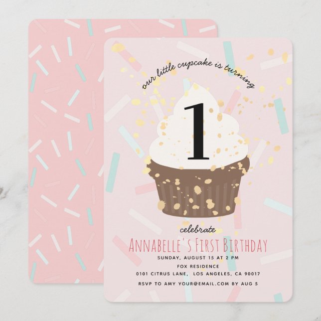 Pink Sprinkles Cupcake Birthday Invitation (Front/Back)