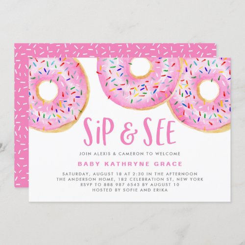Pink Sprinkles Donuts Baby Shower Sip and See Invitation