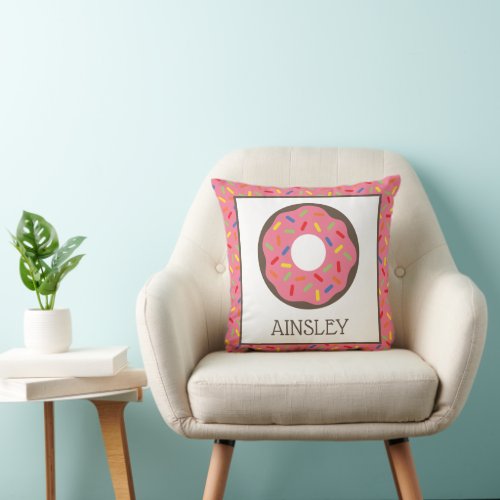 Pink Sprinkles Donuts Personalized Throw Pillow