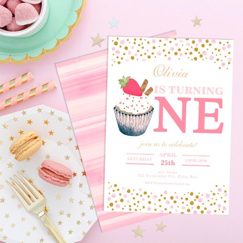 Pink Sprinkles Strawberry Cupcake 1st Birthday Invitation