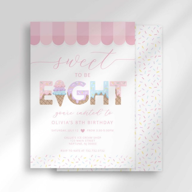 Pink Sprinkles Sweet to be 8 Ice Cream Birthday Invitation (Creator Uploaded)