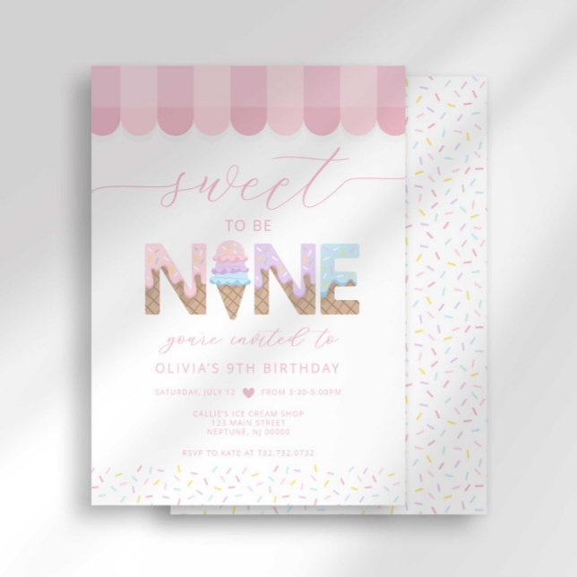 Pink Sprinkles Sweet to be 9 Ice Cream Birthday Invitation (Creator Uploaded)
