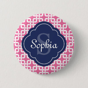 Pink Square Chain Pattern Blue Monogram Button