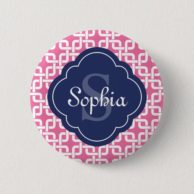 Pink Square Chain Pattern Blue Monogram Button (Front)