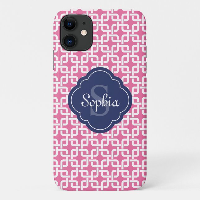Pink Square Chain Pattern Blue Monogram Case-Mate iPhone Case (Back)