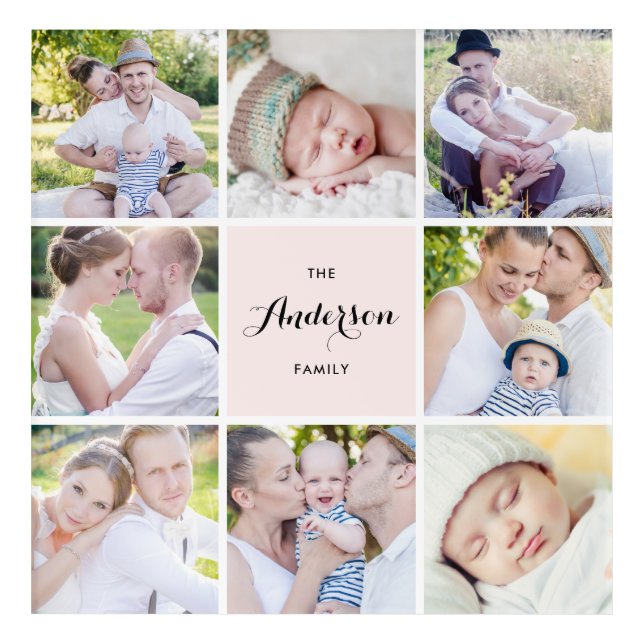 Pink Square Family Photo Collage Acrylic Wall Art (Front)