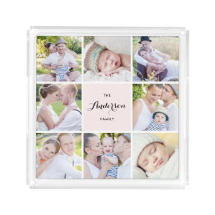 Pink Square Family Photo Collage Square Tray