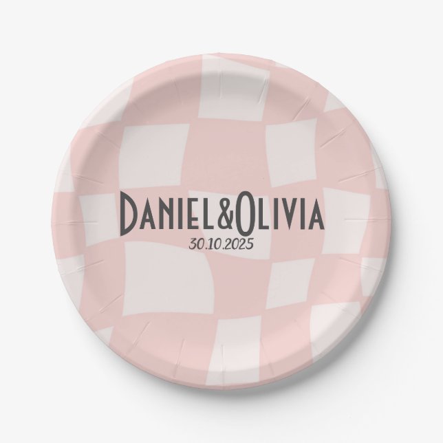 Pink Square Wedding Paper Plates (Front)