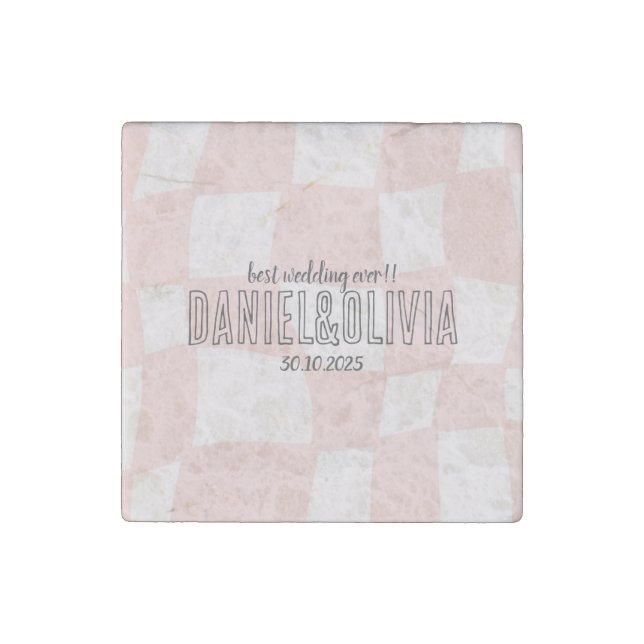 Pink Square Wedding Stone Magnet (Front)