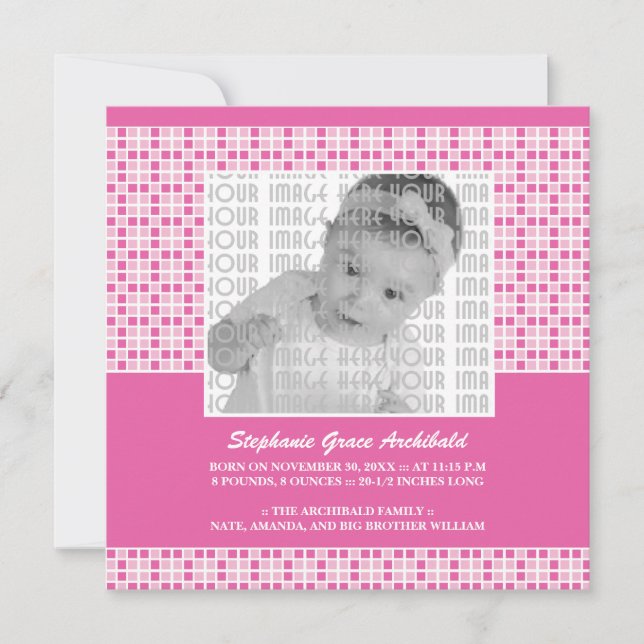 Pink Squares Pattern Birth Announcement (Front)
