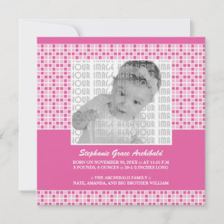 Pink Squares Pattern Birth Announcement
