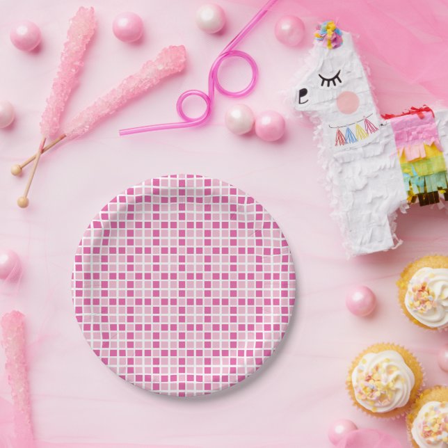 Pink Squares Pattern Paper Plates (Party)