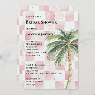 Pink Squares Tropical Gold Palm Tree Bridal Shower Invitation