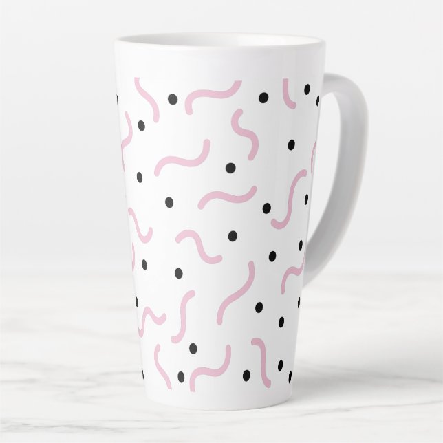 Pink Squiggles and Black Dots Memphis Pattern Latte Mug (Right Angle)