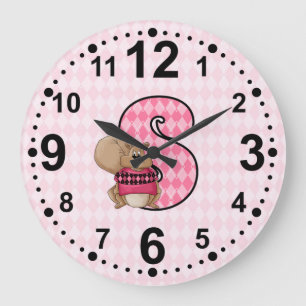 Pink Squirrel and Letter S Argyle Patterned Girls Large Clock