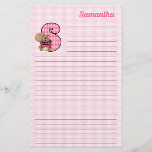 Pink Squirrel Mongram Letter S with Name Lined Stationery