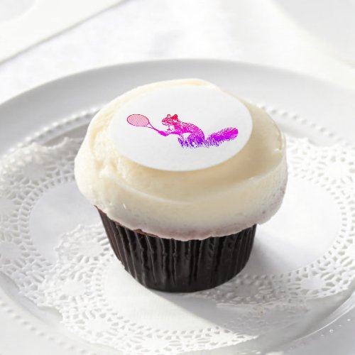 Pink Squirrel With Tennis Racquet Edible Frosting Rounds