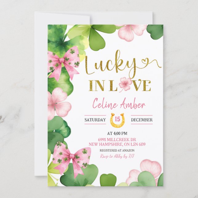 Pink St Patrick Lucky In Love Bridal Shower Invitation (Front)