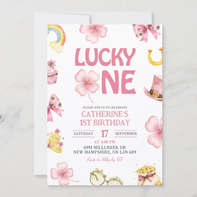 Pink St Patrick Lucky One Kids First Birthday Invitation (Front)