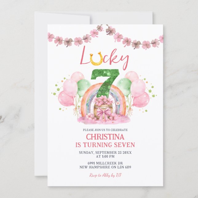 Pink St Patrick Lucky Seven Birthday Invitation (Front)
