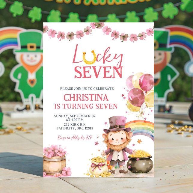 Pink St Patrick Lucky Seven Birthday Invitation (Creator Uploaded)