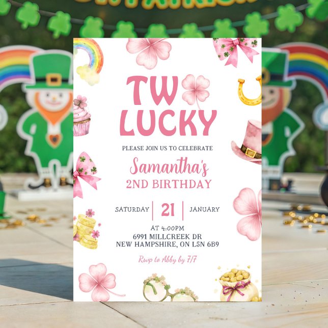 Pink St Patrick Two Lucky Birthday Invitation (Creator Uploaded)