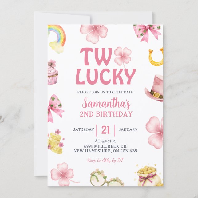 Pink St Patrick Two Lucky Birthday Invitation (Front)