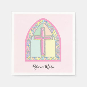 Pink Stained Glass Cross First Communion Napkins