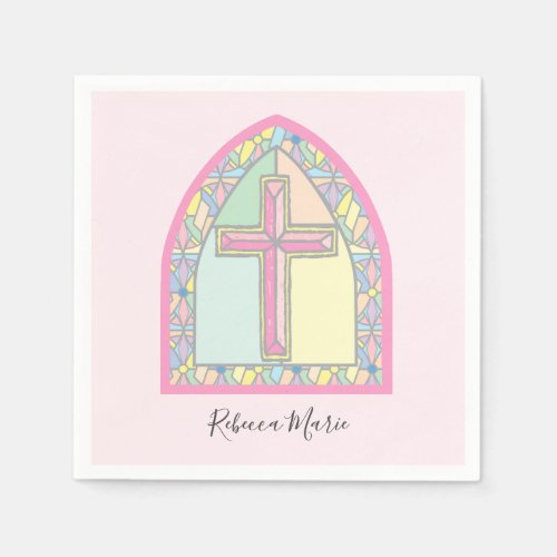 Pink Stained Glass Cross First Communion Napkins