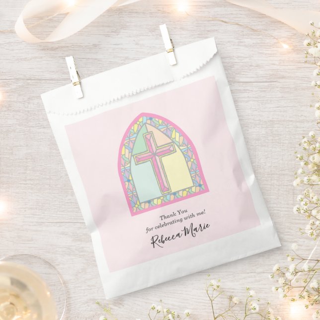 Pink Stained Glass First Communion Favor Bag (Clipped)