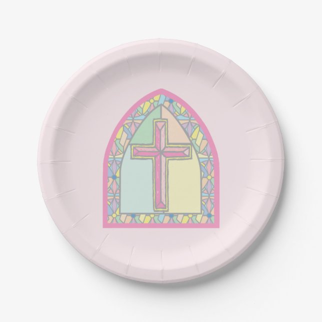 Pink Stained Glass First Communion Paper Plates (Front)
