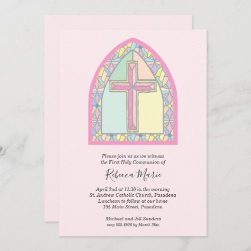 Pink Stained Glass Window First Communion Invitation