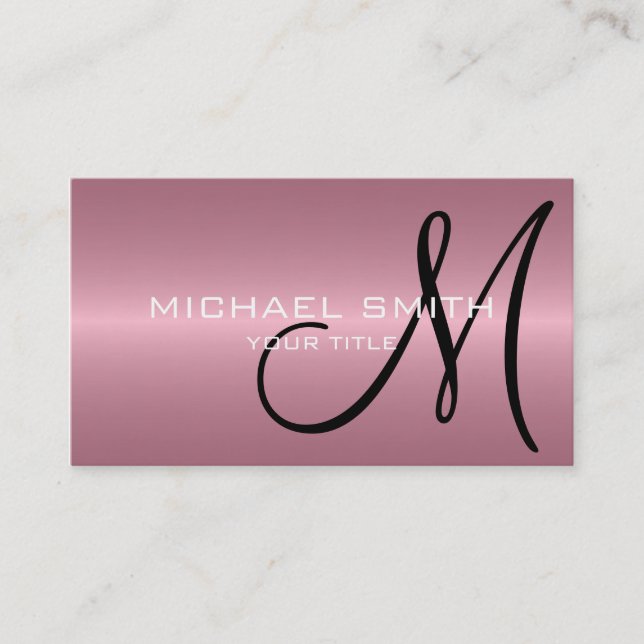 Pink Stainless Steel Metal Monogram Business Card (Front)