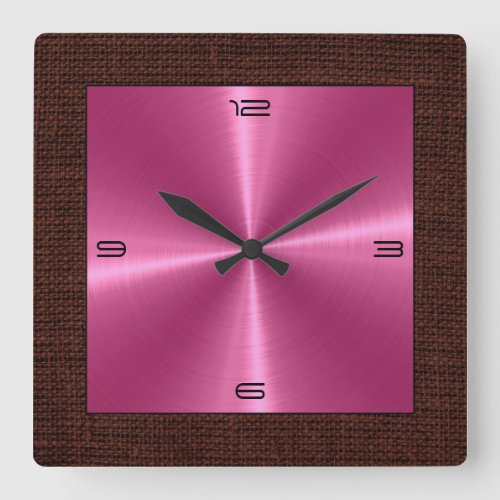 Pink Stainless Steel Modern Burlap Border Square Wall Clock
