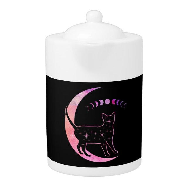 Pink Star Cat On Moon With Phases  Teapot (Front)