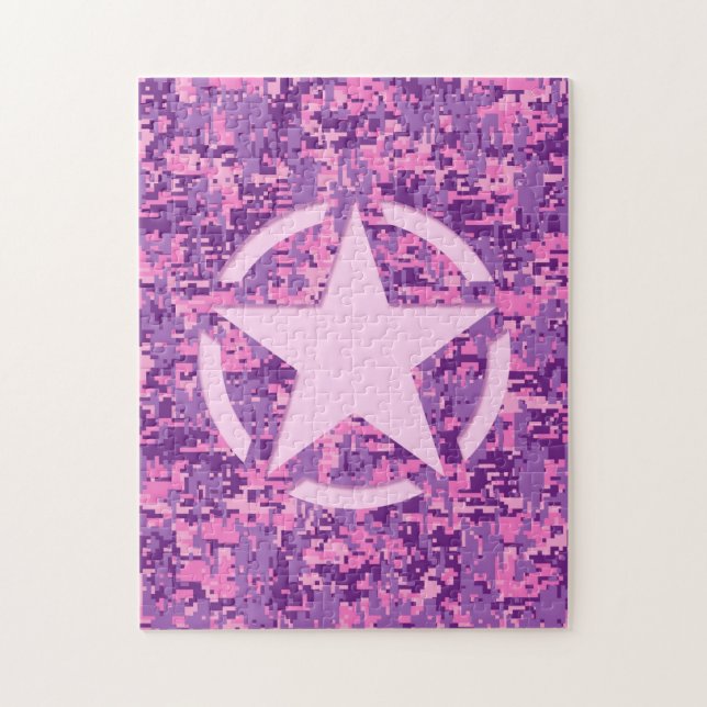 Pink Star Deco on Digital Camo Style Jigsaw Puzzle (Vertical)