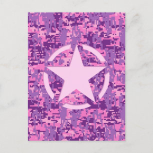 Pink Star Deco on Digital Camo Style Postcard